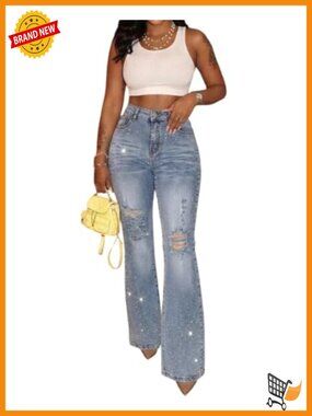 Rhinestone Flare Distressed Ripped Bell Bottom High Waist Stretch Jeans